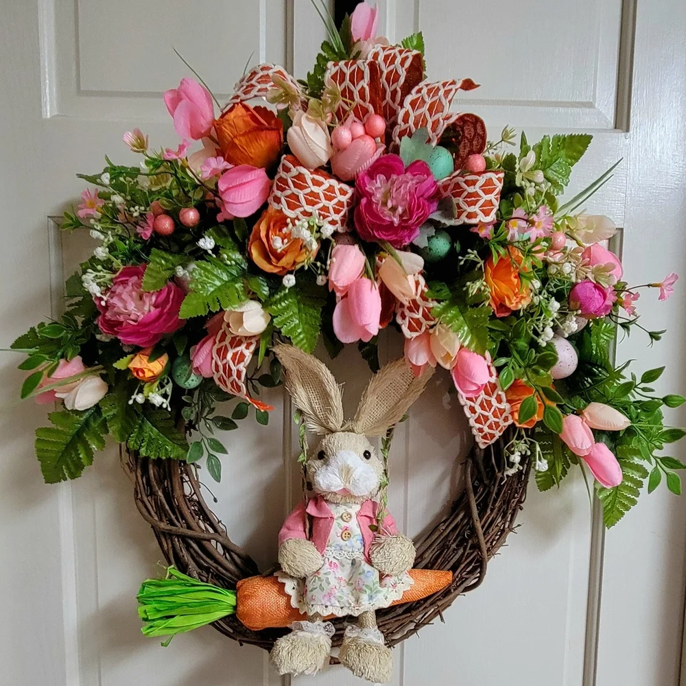 Spring Bunny Floral Door Wreath - Pink & Orange